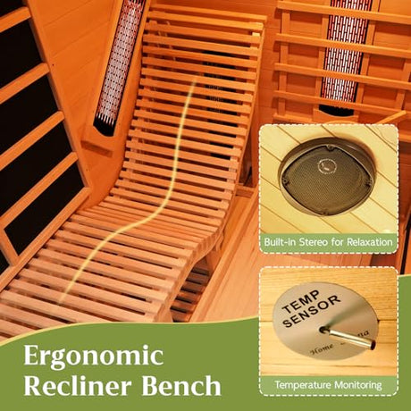 ZONEMEL Indoor Hybrid Sauna with Recliner, Canadian Hemlock Wooden Steam Infrared Sauna House for 2 or 3 People, 8mm Tempered Glass,9 Heaters, Full Spectrum & Carbon Plate & 6KW Harvia Heater, 220V ZONEMEL