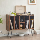 Leesingdo Large Record Player Stand with Vinyl Storage, Retro Brown Record Player Table with Power and USB Port, Holds Up to 200 Albums, Turntable Stand Vinyl Record Player Storage Cabinet Leesingdo