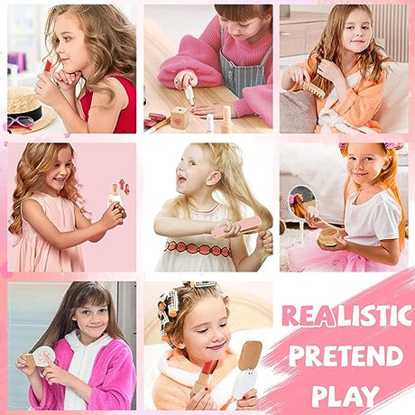 Amtreen Kids Makeup Kit for Girl, Pretend Play for Toddlers 3-5 Wooden Makeup Toy Set, 18 PCS Hair Salon Toys Gifts for 3 4 5 Year Old Amtreen