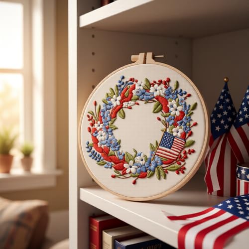 JJFox Embroidery Kit for Beginners & Adults, DIY Hand Embroidery Starter Kit with Cute Pattern, Cross Stitch Kit with Bamboo Hoop, Threads, Needles & Instructions (Independence Day Wreath)