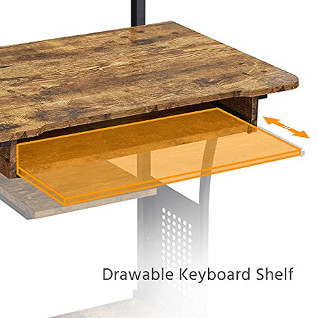Yaheetech 3 Tiers Rolling Computer Desk on Wheels with Charging Station and Keyboard Tray, Mobile Home Office Desk PC Laptop Workstation with Power Outlet and USB Ports for Home Studying, Rustic Brown Yaheetech