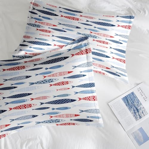 Pamnest King Size Bed Sheet Sets, Summer Blue Fish Soft Microfiber 4 Pcs Bedding Sets for Kids and Adults Bedroom Bed Decor, Cute Sea Red Flat, Fitted Sheet and 2 Pillowcases Pamnest