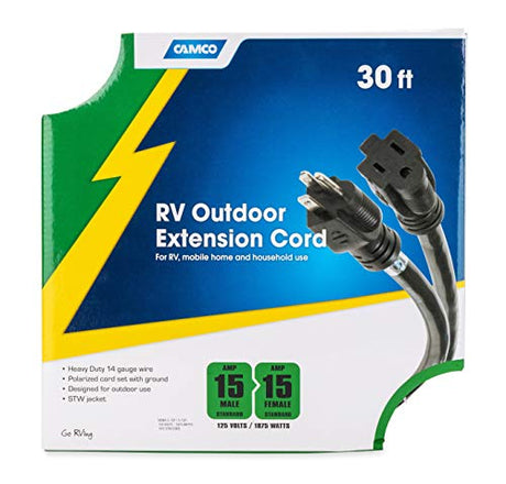 Camco 30-Ft 15 Amp RV Extension Cord - Rated for 125V / 1,857W - Features Heavy Duty 14-Gauge Copper Wire for Superior Conductivity & Coated w/Heat-Resilient PVC (55142) Camco