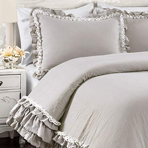 Lush Decor Ella Ruffle Lace Comforter, 3 Piece Set, King, Light Gray - Cute Comforter - King Bedding Set - Gray Bedding - Coquette Decor - Ruffle Trim - Lace Trim Lush Decor