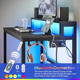 YATINEY Small Computer Desk with Charging Station and LED Lights, Gaming Desk with Monitor Stand, 2-Tier Home Office Desk with 4 Side Hooks, for Living Room, Home Office, Black DN01UDBBY2 YATINEY