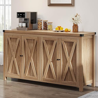 YITAHOME Farmhouse Sideboard Buffet Cabinet with Storage with 4 Doors, 55'' Large Kitchen Storage Cabinet, Wood Coffee Bar Cabinet with Adjustable Shelf for Kitchen, Living Room, Oak