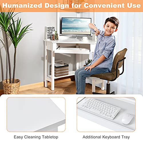 Tangkula White Corner Desk with Hutch, 90 Degrees Triangle Computer Desk with Keyboard Tray & Bookshelves for Small Space, Space Saving Writing Desk with Storage Shelves for Bedroom Apartment - WoodArtSupply