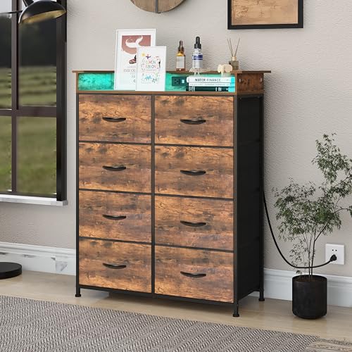 Welfuturer Tall Dresser for Bedroom with Charge Station 8 Drawers Dresser with LED Lights Chest Organizer Units for Hallway Entryway Closets Sturdy Steel Frame Wood Top Easy Pull Handle Rustic Brown Welfuturer