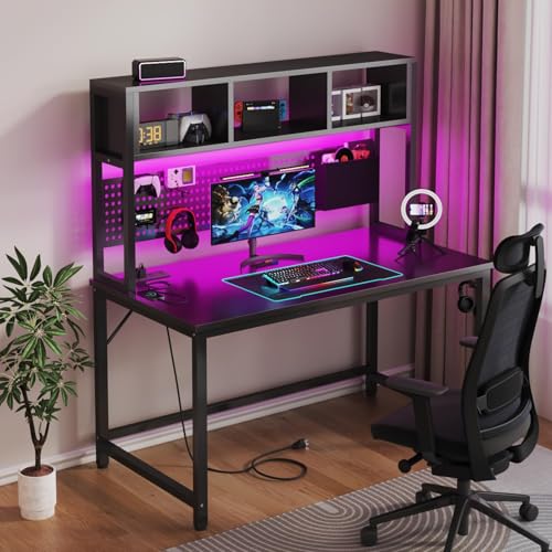 DLisiting Black Gaming Desk with Hutch and Pegboard - 47 Inch Gaming Desk with Shelves Storage Power Outlets, Computer Teen Work Study Writing Desks for Bedroom Home Office DLisiting