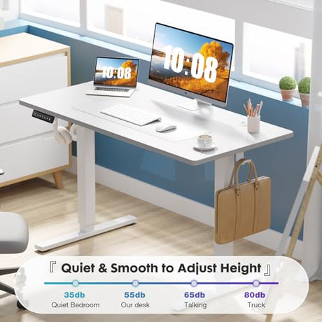 Sweetcrispy Electric Standing Desk Adjustable Height, 55x24 Inch Sit Stand Up Home Office Desks Computer Workstation PC Work Table with 3 Memory Preset Splice Wood Board Metal Frame, White Sweetcrispy