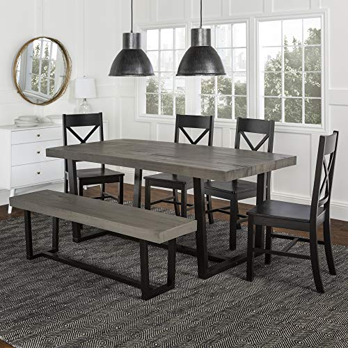 Walker Edison Barnes 6-Piece Rustic Metal and Wood Dining Table with X-Back Chairs, Set of 6, Grey/Black - WoodArtSupply