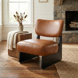 DAYALANE Brown Faux Leather Living Room Chairs Set of 2, Cozy Upholstered Armless Accent Chair for Bedroom, Black Wood Frame, Vintage Modern Lounge Reading Chair for Apartment Waiting Room Office DAYALANE