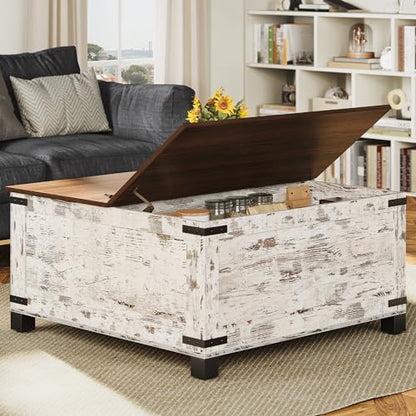 Farmhouse Coffee Table, Heavy-Duty Square Coffee Table with Storage, Rustic Brown Wood Center Table Set for Living Room with Pull Up Large Hidden Storage Compartment, Distressed White