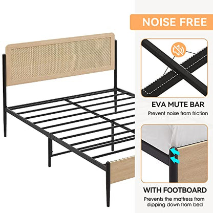 Amyove Queen Size Platform Bed Frame with Rattan Headboard and Rounded Corners - WoodArtSupply