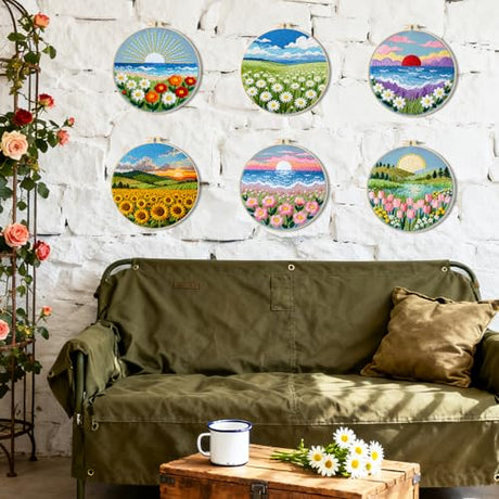 BEUNITONE Spring Landscape Embroidery Kit for Beginners, 6PC Needlepoint Kits with Hoops, Instructions, Threads, Needles, DIY Home Decor Craft for Adults, Creative Hand Embroidery Patterns for Gifts BEUNITONE