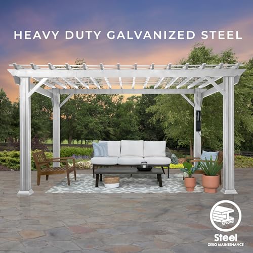 Backyard Discovery 14x12 ft Hawthorne White Galvanized Steel Pergola w/Soft Sail Shade, Spacious, Rust Resistant, UV Protection, Resist Winds Up to 100 MPH, Durable, Powerport USB & Electrical Outlet Backyard Discovery