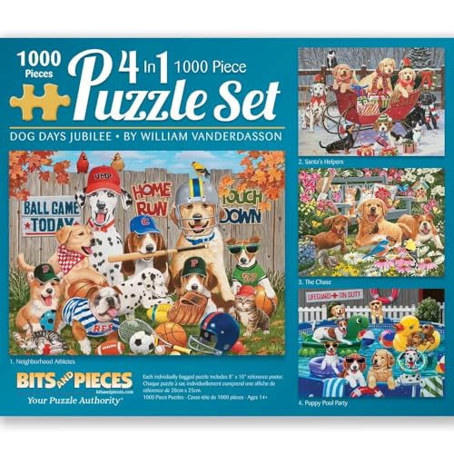 Bits and Pieces – 4-in-1 Multi-Pack 1000 Piece Jigsaw Puzzles for Adults – 'Dog Days Jubillee' Jigsaw Puzzle Set Bundle by William Vanderdasson Bits and Pieces