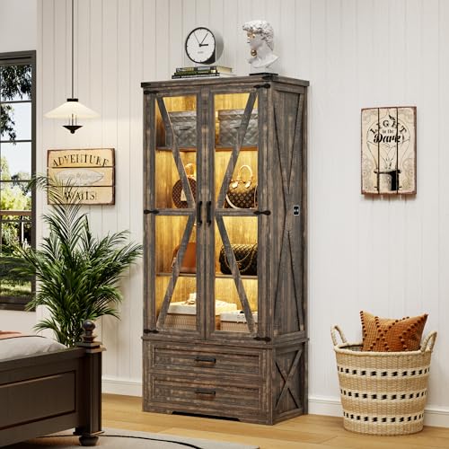 Farmhouse Pantry Cabinet 68" Tall, Large Wood Kitchen Storage Cabinet with Drawers & Shelves, LED Display Cabinet Bookcase for Living Room/Bedroom/Office, Rustic Brown - WoodArtSupply