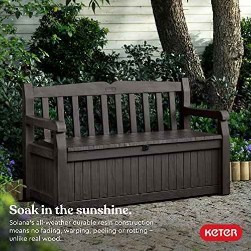 Keter Solana 70 Gallon Storage Bench Deck Box for Patio Furniture, Front Porch Decor and Outdoor Seating – Perfect to Store Garden Tools and Pool Toys, Brown/Brown Keter