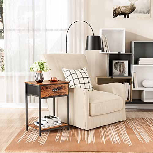 Furologee End Table with Storage Shelf and Fabric Drawer, 2 Tiers Industrial Nightstand, Bedside Table Organizer, 23.6 Inch Tall Side Table for Living Room Bedroom, Rustic Brown, Easy Assembly