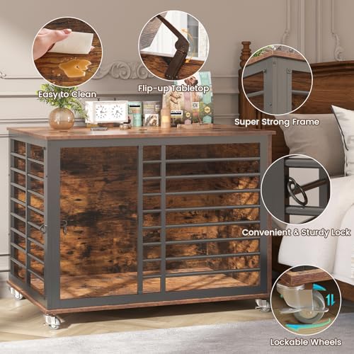 Saudism 45 Inch Large Dog Crate Furniture with Flip Top, Heavy Duty Dog Kennel with Wheels, Wood Dog Cage Table Indoor, for Large/Medium/Small Dogs, 45×30×31 Inch - WoodArtSupply