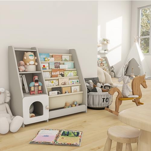 Montessori Kids Bookshelf, 5 Sling Bookcase, 4 Tier Display Shelf, Wooden Baby Book Rack, Children Toy Storage Organizer Cabinet, Floor Toddler Bookshelves Nursery Playroom Bedroom Library, Grey