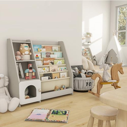 Montessori Kids Bookshelf, 5 Sling Bookcase, 4 Tier Display Shelf, Wooden Baby Book Rack, Children Toy Storage Organizer Cabinet, Floor Toddler Bookshelves Nursery Playroom Bedroom Library, Grey