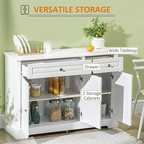 HOMCOM Sideboard Buffet Cabinet, Modern Buffet Cabinet with Storage and 2 Drawers, Coffee Bar Station with Adjustable Shelves for Kitchen, Entryway, White HOMCOM