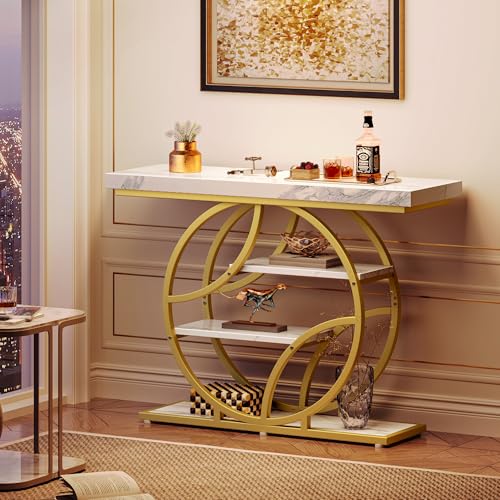Huuger 41.3 Inch Entryway Table with Marble Top, Modern Console Sofa Table, Accent Table with Shelves, for Entry, Hallway, Entrance, Foyer, O-Shaped Metal Frame, White Marble & Gold Huuger