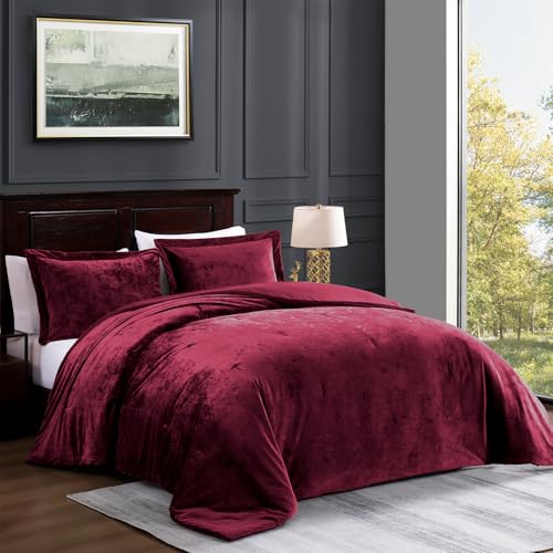 TAMGHO Crushed Velvet Maroon Burgundy King Size Comforter Set, Dark Red Luxury Soft Fluffy Bedding for All Seasons, 3 Pcs Bed Set Includes 1 Comforter (108"x96") and 2 Pillow Shams (20"x36")