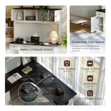 FEZIBO 60" L Shaped Executive Standing Desk with Hutch and Storage Cabinet, Farmhouse Standing Desk with Charging Station, Reversible Home Office Workstation, Antique White FEZIBO