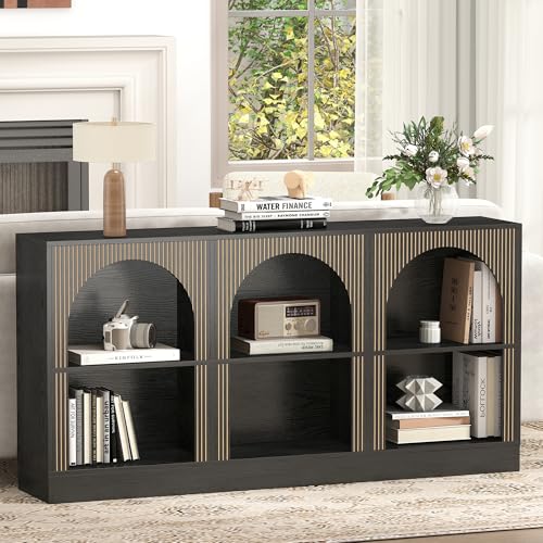 weselon Console Table with 3-Tier Open Storage, 63" Arched Entryway Table with Carved Fluted Panels, Rectangular Wooden Sofa Table for Living Room, Hallway, or Behind Couch (1, Black) weselon