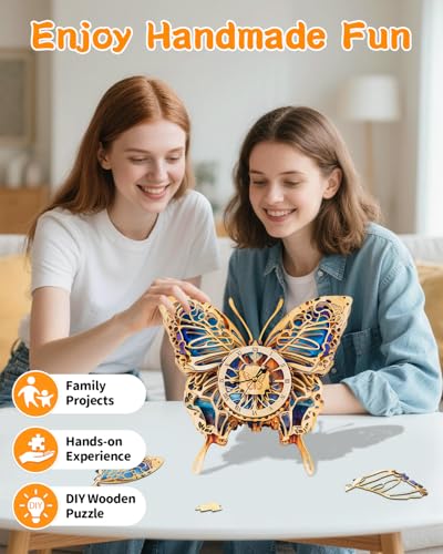 Rnfinewow 3D Puzzles for Adults, Butterfly Design Clock Kit with Pendulum, Beginner 3D Wooden Puzzle Model Kit Wall Decor, Butterfly Puzzle DIY Crafts for Mom, Women and Grandma Rnfinewow