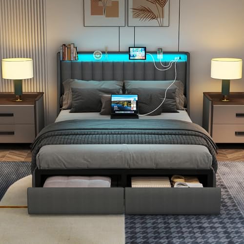 SADENICEL Full Size Bed Frame with Headboard and 2 Storage Drawers, Metal Full Bed Frame Platform with LED Light, Charging Station, No Box Spring Needed, Noise Free, Easy Assembly, Grey SADENICEL