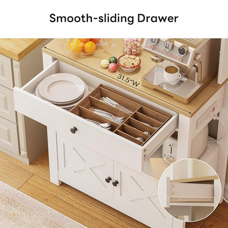 LIKIMIO Baker Rack with Power Outlet & Drawer, Coffee Bar Cabinet with Storage, Farmhouse Microwave Stand with Hutch and 5 Hooks for Kitchen, White LIKIMIO