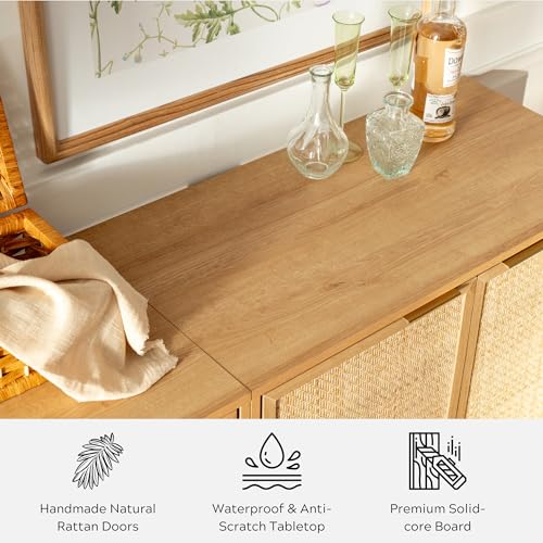 EYYTHUNG Accent Storage Cabinet Set of 2 Sideboard with Rattan Doors, Boho Buffet Kitchen Bar Cabinet Farmhouse Credenza Cabinet with Adjustable Shelves for Living Room (Natural Oak) EYYTHUNG