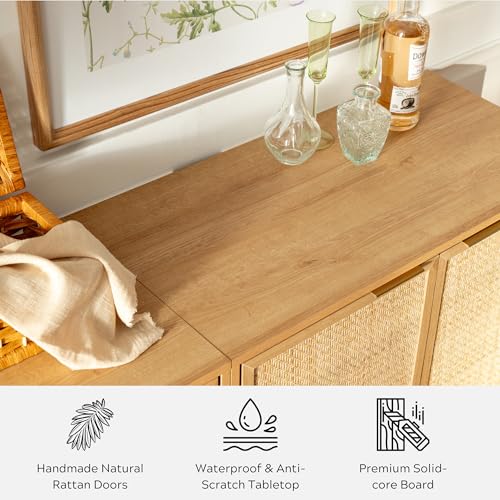 EYYTHUNG Accent Storage Cabinet Set of 2 Sideboard with Rattan Doors, Boho Buffet Kitchen Bar Cabinet Farmhouse Credenza Cabinet with Adjustable Shelves for Living Room (Natural Oak) - WoodArtSupply