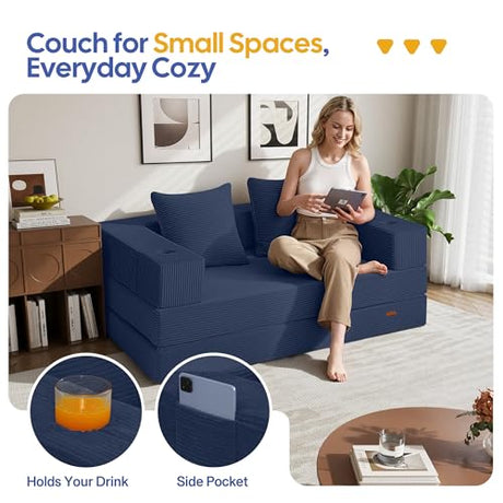 COMAX Futon Sofa Bed, 4‑in‑1 Convertible Sofa Bed, Folding Boneless Couches for Living Room, Fold Out Small Foldable Loveseat Floor Sleeper Comfy Mattress Lounge Space‑Saving, Navy Blue COMAX