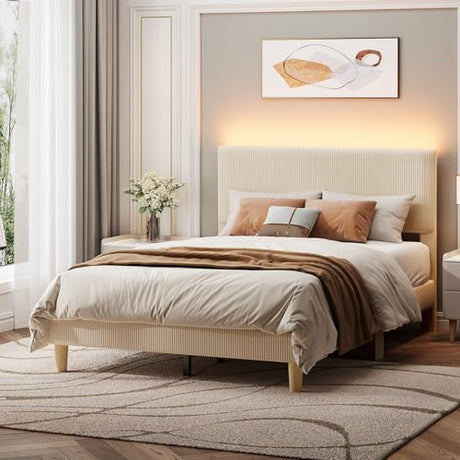 Bestier Full Bed Frame with Adjustable Headboard, LED Lighting, Vertical Channel Tufted Corduroy Upholstered, Solid Wooden Slats Support, No Box Spring Needed, Never Squeaks, Easy Assembly, Beige Bestier