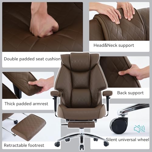 EXCEBET Big and Tall Office Chair with Footrest, PU Leather High Back Executive Office Chair 400lbs, Ergonomic Computer Chairs Lumbar Support for Heavy People (Brown) EXCEBET