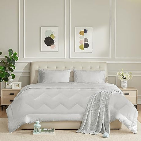 HOMTEC Queen Size Duvet Insert - All Season 100% Cotton Comforter - Quilted Fluffy Down Alternative Duvet Insert - Light Gray - Soft Breathable & Lightweight with 4 Corner Tabs HOMTEC