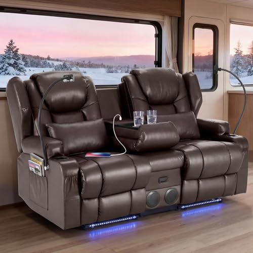Redlife Power Loveseat Recliner Sofa with Console, PU Leather Dual Reclining Couch with Blue LED Lights, Bluetooth Speakers, USB Ports, Phone Holders, Home Theater & RV Recliner (Brown)