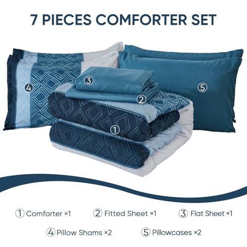 Dinjoy Navy Blue King Size Comforter Set,Striped Bed in a Bag King 7 Pieces Soft Microfiber Fall Bedding Comforters Sets with Sheet Boho Bed Complete Set for Men All Season Dinjoy