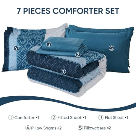 Dinjoy Navy Blue King Size Comforter Set,Striped Bed in a Bag King 7 Pieces Soft Microfiber Fall Bedding Comforters Sets with Sheet Boho Bed Complete Set for Men All Season Dinjoy