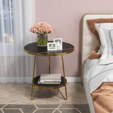Tribesigns Faux Marble End Table, 2 Tier Round Side Table with Shelves, Modern Black Nightstand Bedside Table Small Coffee Accent Table for Living Room Bedroom, Black and Gold Tribesigns