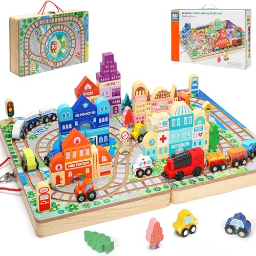 Wooden Building Blocks Set, Electric Train City Construction Stacking Blocks Preschool Learning Educational Toys,Toddler Toys for 3+ Year Old Boy and Migargle