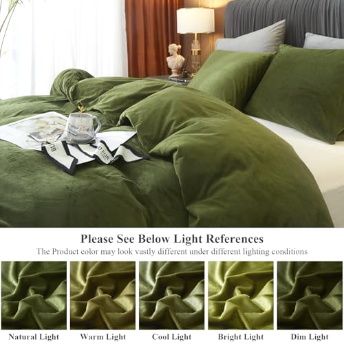 Ivellow Velvet Flannel Duvet Cover King Size Olive Green Comforter Cover Ultra Soft Breathable Cozy Velour Duvet Cover Solid Luxury Bedding Set Zipper Closure Corner Ties Ivellow