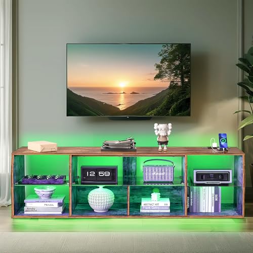 VECELO LED TV Stand with Lights & Power Outlet for 65 inch Gaming Entertainment Center with 7 Open Storage Shelves, Industrial Television Cabinet for Living Room, Bedroom, Retro Brown, 65inch VECELO