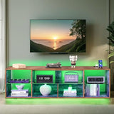 VECELO LED TV Stand with Lights & Power Outlet for 65 inch Gaming Entertainment Center with 7 Open Storage Shelves, Industrial Television Cabinet for Living Room, Bedroom, Retro Brown, 65inch VECELO