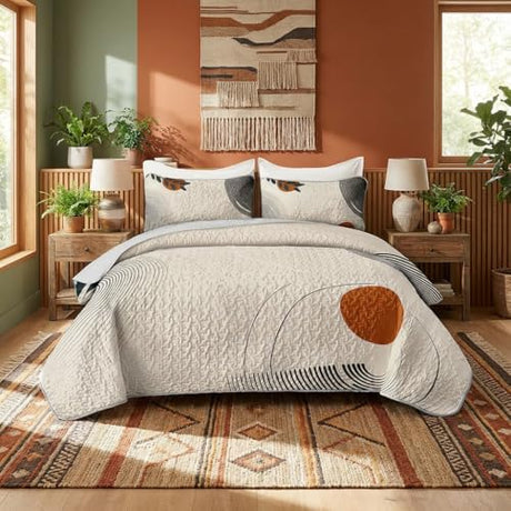 AILONEN Boho Mid Century Bedding Sets,Vintage Geometry Quilt Set Queen Size,Modern Minimalist Simplistic Bedspread Coverlet - Soft Lightweight 3Pcs 1 Quilt with 2 Pillowcases,Brown AILONEN